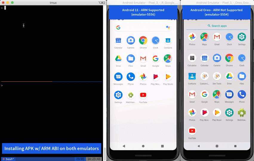 新的 Android 11(Google api) x86 系统映像支持 ARM ABIs，而旧的 Android Oreo 系统映像则不支持