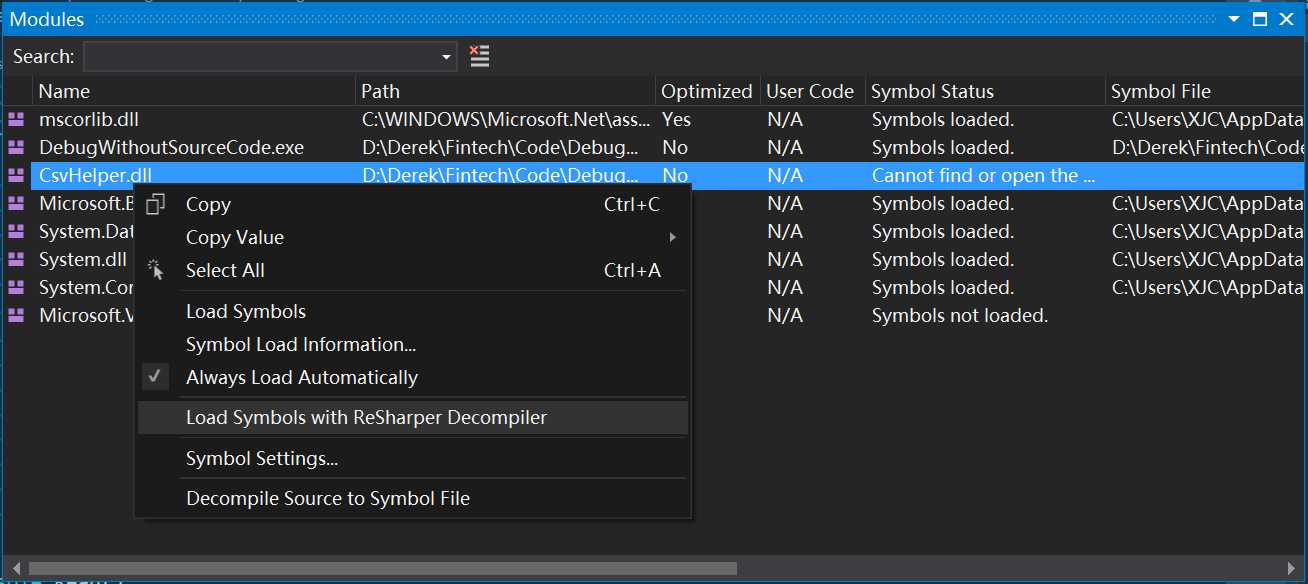 resharper load sysmbol